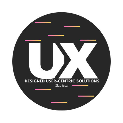Circular logo with a black background featuring, large white letters UX.